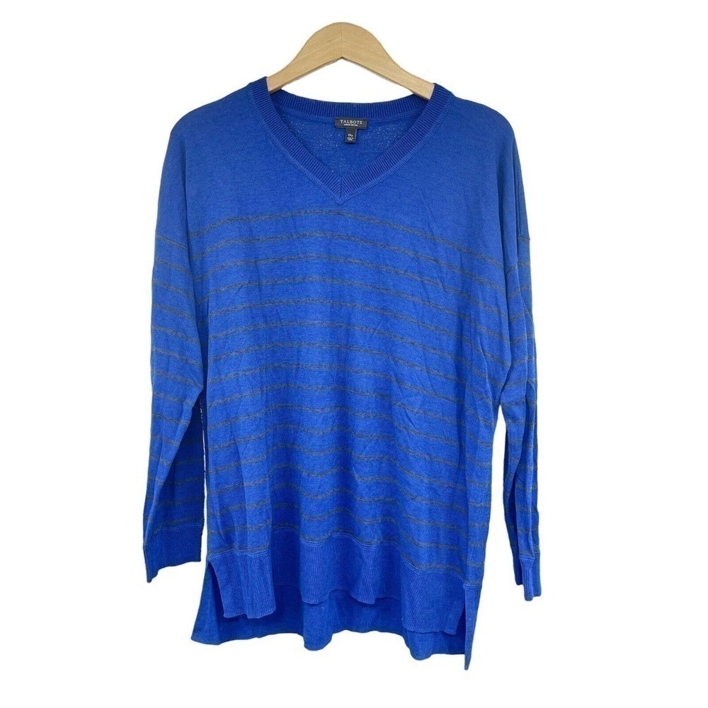 Talbots Womens Casual Long Sleeve Striped V Neck Shirt Top Sweater Blue Size 1Xp